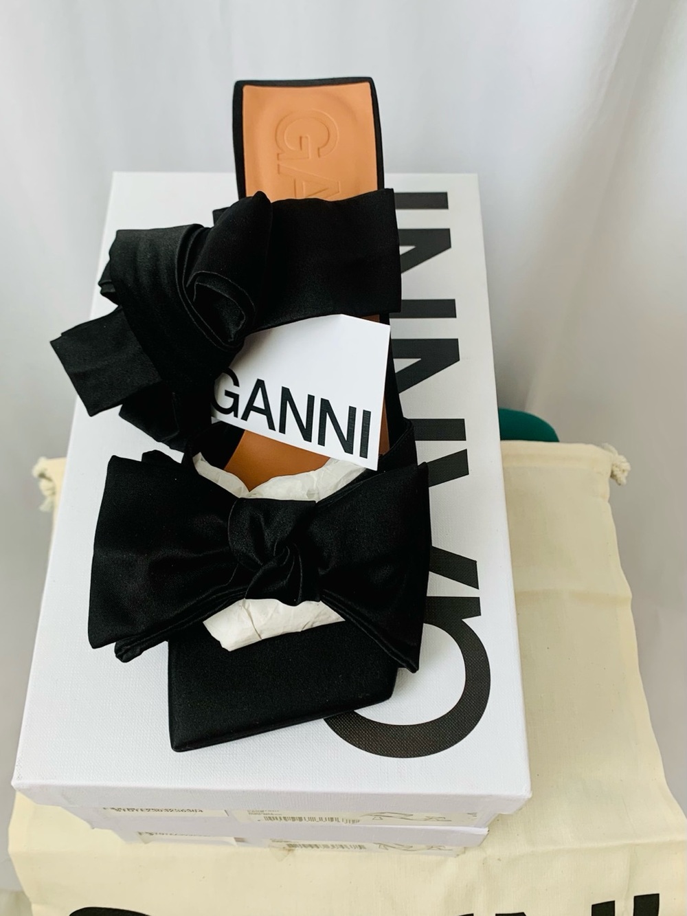 Ganni Black Satin Bow Ankle-Tie Stiletto Sandals